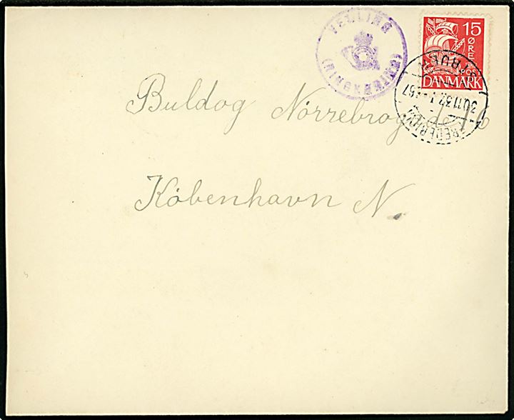 15 øre Karavel på brev annulleret med bureaustempel Fredericia - Struer T. 367 d. 30,11,1937 og sidestemplet posthornstempel VELLING (RINGKØBING) til København.