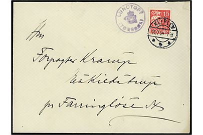 15 øre Karavel på brev annulleret Kliplev d. 15.7.1934 og sidestemplet med posthornstempel LUNDTOFT (TØRSBØL) til Eskildstrup pr. Farringløse St.