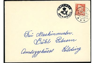 30 øre Fr. IX på brev annulleret Vejle d. 12.6.1957 og sidestemplet med posthornstempel HØJGAARD (GREJSDAL) til Kolding.