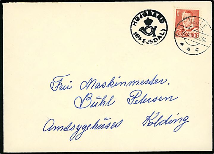 30 øre Fr. IX på brev annulleret Vejle d. 12.6.1957 og sidestemplet med posthornstempel HØJGAARD (GREJSDAL) til Kolding.