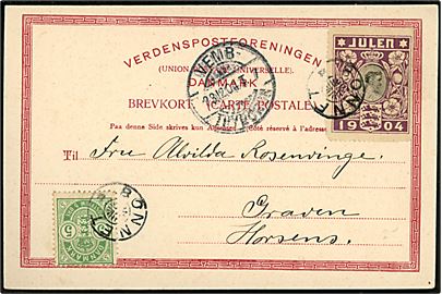 5 øre Våben og Julemærke 1904 stukken kant på brevkort annulleret med stjernestempel BONNET og sidestemplet bureau Vemb - Thyborøn T.7 d. 23.12.1904 til Graven pr. Horsens. 
