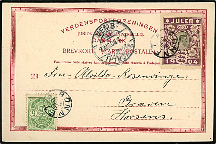 5 øre Våben og Julemærke 1904 stukken kant på brevkort annulleret med stjernestempel BONNET og sidestemplet bureau Vemb - Thyborøn T.7 d. 23.12.1904 til Graven pr. Horsens. 