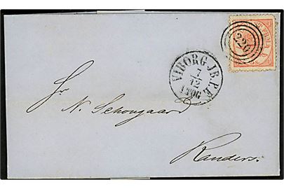 4 sk. Krone/Scepter på brev annulleret med nr.stempel 220 og sidestemplet antiqua Viborg JB.P.E: d. 7.12.1864 via Jydske JB.P.B. til Randers.