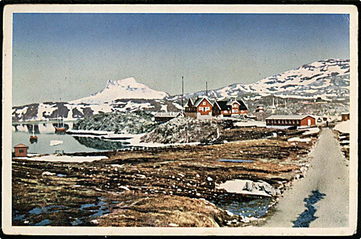 5 øre, 10 øre Chr. X og Danmarkimut mærke på brevkort (Godthaab Marinestation) fra Godthaab d. 21.11.1949 til København.