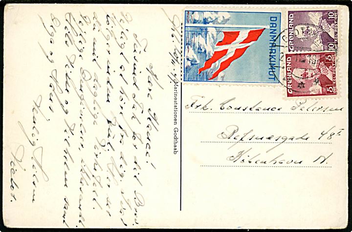 5 øre, 10 øre Chr. X og Danmarkimut mærke på brevkort (Godthaab Marinestation) fra Godthaab d. 21.11.1949 til København.