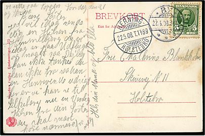 5 øre Fr. VIII på brevkort fra Ry d. 22.5.1908 til Holstebro. Transit stemplet med godt bureaustempel Herning - Holstebro T.1189 d. 22.5.1908.