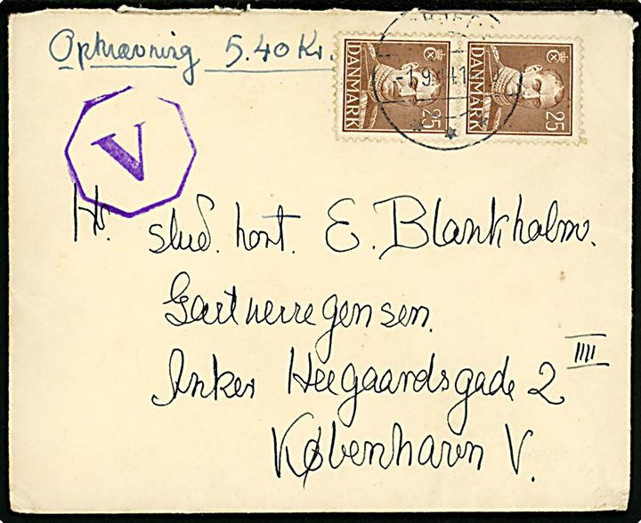 25 øre Chr. X i parstykke på brev med postopkrævning fra Esbjerg d. 1.9.1944 til København. Anmeldt til afhentning ved København V. d. 4.9.1944.