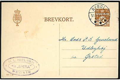 10 øre helsagsbrevkort (fabr. 107-H) annulleret med brotype IIc Nybøl d. 31.8.1933 til Udbyhøj pr. Ørsted. Sendt fra fører H. L. Nielsen M/S Spera af Rødvig.