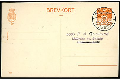 10 øre Bølgelinie helsagsbrevkort (fabr. 119) annulleret med brotype IIc Nordby Fanø d. 10.12.1937 til Udbyhøj pr. Ørsted.