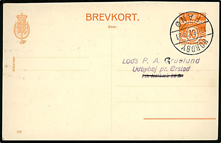 10 øre Bølgelinie helsagsbrevkort (fabr. 119) annulleret med brotype IIc Nordby Fanø d. 10.12.1937 til Udbyhøj pr. Ørsted.