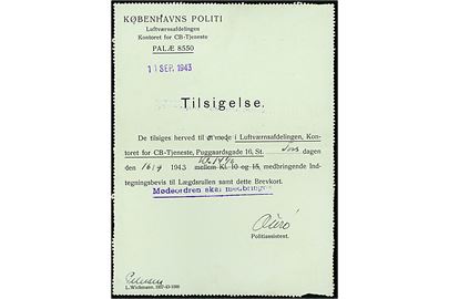 10 øre Chr. X helsags korrespondancekort (fabr. 78) sendt lokalt med fortrykt Tilsigelse fra Københavns Politi Luftværnsafdelingen Kontoret for CB-Tjeneste stemplet København d. 11.9.1943.