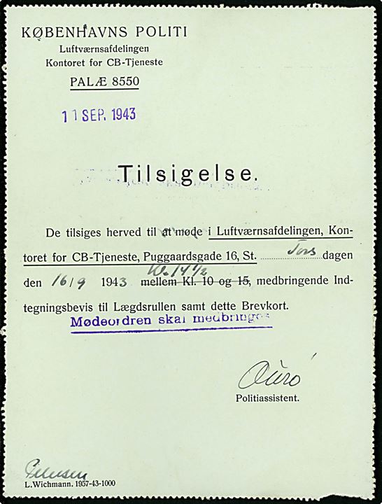 10 øre Chr. X helsags korrespondancekort (fabr. 78) sendt lokalt med fortrykt Tilsigelse fra Københavns Politi Luftværnsafdelingen Kontoret for CB-Tjeneste stemplet København d. 11.9.1943.