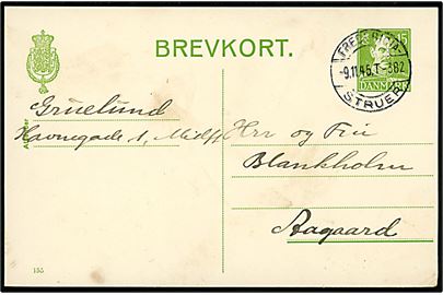 15 øre Chr. X helsagsbrevkort (fabr. 155) fra Middelfart annulleret med bureaustempel Fredericia - Struer T.382 d. 9.11.1945 til Aagaard.