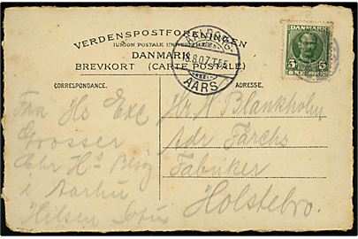 5 øre Fr. VIII på brevkort annulleret med svagt stjernestempel SEBBERSUND og sidestemplet bureau Aalborg - Aars T.55 d. 18.8.1907 til Holstebro.