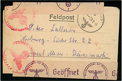 Ufrankeret feldpost korrespondancekort stemplet Feldpost d. 9.8.1944 fra dansk soldat ved feldpost nr. 21874C (= 6. Kompanie Grenadier-Regiment 573) til Nordborg på Als, Danmark. Åbnet af tysk censur i Hamburg.