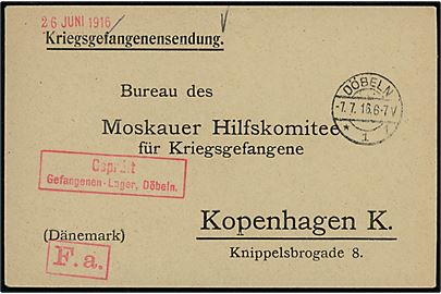 Ufrankeret krigsfangebrev fra Döbeln d. 7.7.1916 til Moskauer Hilfskomitee i København, Danmark. Rød lejrcensur.
