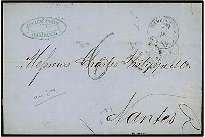1866. Ufrankeret portobrev fra Hamburg stemplet Hamburg Th. & T. d. 29.8.1866 til Nantes, Frankrig. Flere stempler.