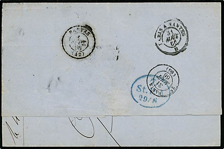 1866. Ufrankeret portobrev fra Hamburg stemplet Hamburg Th. & T. d. 29.8.1866 til Nantes, Frankrig. Flere stempler.