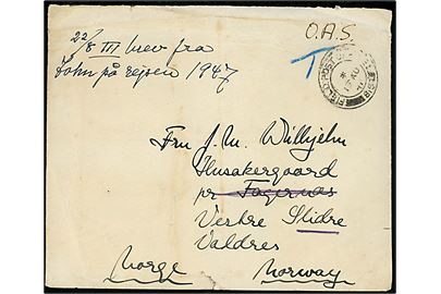 1947. Ufrankeret O.A.S. feltpostbrev med indhold fra dansker i Berlin stemplet Field Post Office 815 d. 13.8.1947 til Fagernæs, Norge - eftersendt til Valdres.
