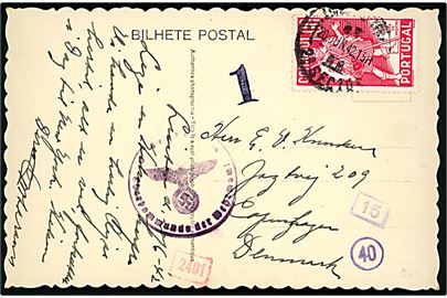 1$00 single på brevkort fra Lissabon d. 20.6.1942 til København, Danmark. tysk censur. Sendt fra dansker på rejse til New York.