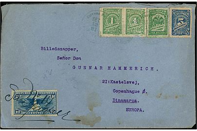 1 c. (par, et mærke med skrab), 3 c. og 5 c. Provinsional udg. og 10 c. Rec.-mærke på anbefalet brev fra Bogota d. 13.9.1921 via Baranquilla og New York til København, Danmark.
