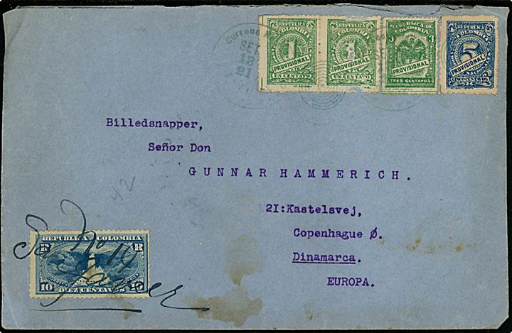 1 c. (par, et mærke med skrab), 3 c. og 5 c. Provinsional udg. og 10 c. Rec.-mærke på anbefalet brev fra Bogota d. 13.9.1921 via Baranquilla og New York til København, Danmark.