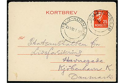 25 øre Løve helsags korrespondancekort fra Frederikstad annulleret med bureaustempel Oslo - Kornsjø T.141 d. 29.1.1950 til København, Danmark.
