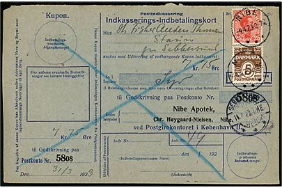 5 øre Bølgelinie og 25 øre Chr. X på retur Indkasserings-Indbetalingskort fra Nibe d. 4.4.1923 til Sebbersund.