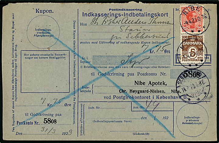 5 øre Bølgelinie og 25 øre Chr. X på retur Indkasserings-Indbetalingskort fra Nibe d. 4.4.1923 til Sebbersund.