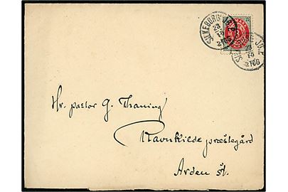 8 øre Tofarvet omv. rm. på brev annulleret med lapidar Silkeborg JB.P. d. 23.10.1900 til Ravnkilde præstegård pr. Arden St.