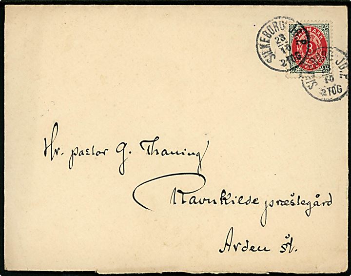 8 øre Tofarvet omv. rm. på brev annulleret med lapidar Silkeborg JB.P. d. 23.10.1900 til Ravnkilde præstegård pr. Arden St.