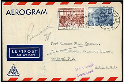 20 øre Grundlov og 40 øre UPU på privat aerogram fra København d. 5.6.1953 til Montreal, Canada. Returneret med flere stempler.