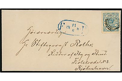 2 sk. Krone/Scepter på fodpostbrev i Kjøbenhavn annulleret med svagt nr.stempel 1 og sidestemplet F:P: d. 11.8.1869 til Stiftsprovst Rothe, Ridder af Dannebrog og Dannebrogsmand.