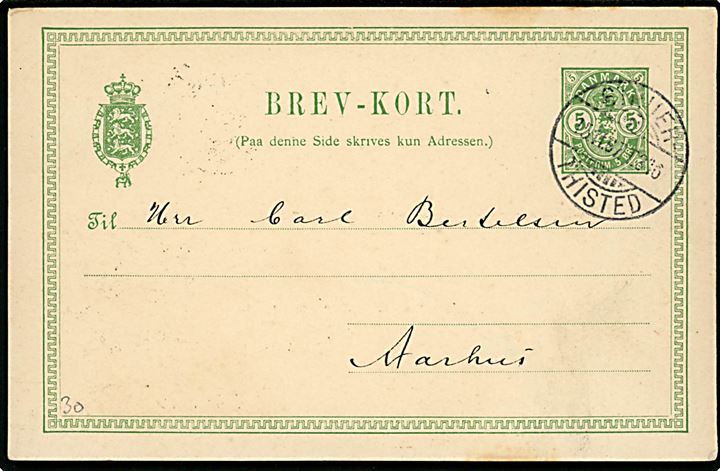 5 øre Våben helsagsbrevkort fra Vestervig annulleret med bureaustempel Struer - Thisted T.346 d. 15.11.1897 til Aarhus.