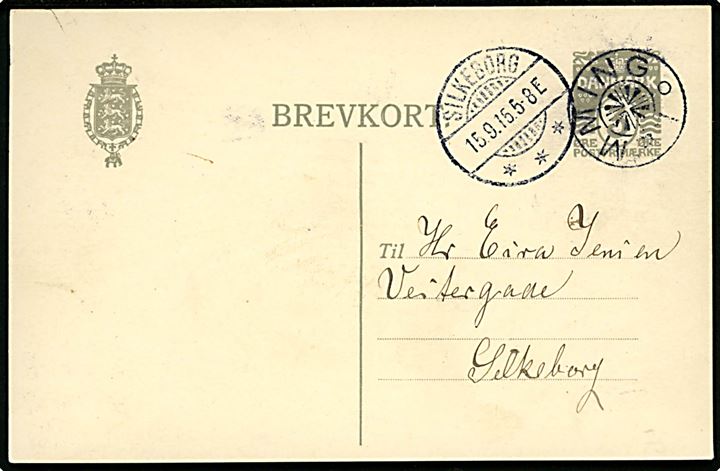 3 øre helsagsbrevkort sendt lokalt med stjernestempel LEMMING og sidestemplet Silkeborg d. 15.9.1915 til Silkeborg.