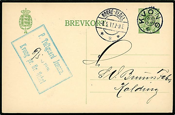 5 øre Chr. X helsagsbrevkort annulleret med stjernestempel KVONG og sidestemplet Silkeborg d. 8.5.1917 til Kolding.