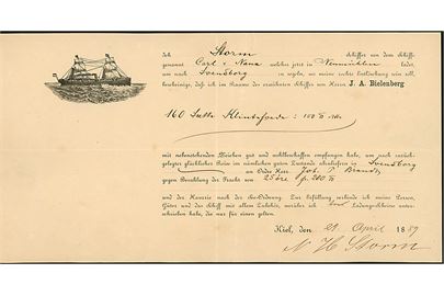 Illustreret konnossement udfærdiget i Kiel d. 29.4.1889 for skibsladning med skibet Carl und Nana fra Neumühlen til Svendborg.