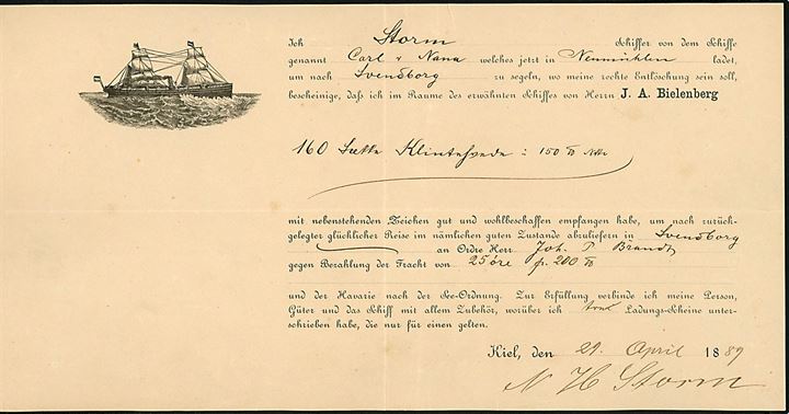 Illustreret konnossement udfærdiget i Kiel d. 29.4.1889 for skibsladning med skibet Carl und Nana fra Neumühlen til Svendborg.
