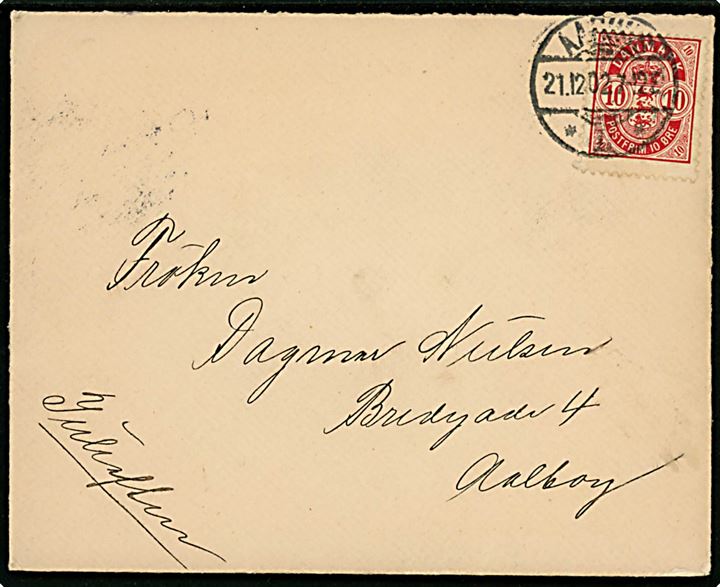 10 øre Våben single på brev påskrevet Juleaften fra Aarhus d. 21.12.1902 til Aalborg.