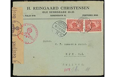 20 øre Vitus Bering (2) på brev fra København d. 18.2.1942 til Epe, Holland. Åbnet af tysk censur i Hamburg.