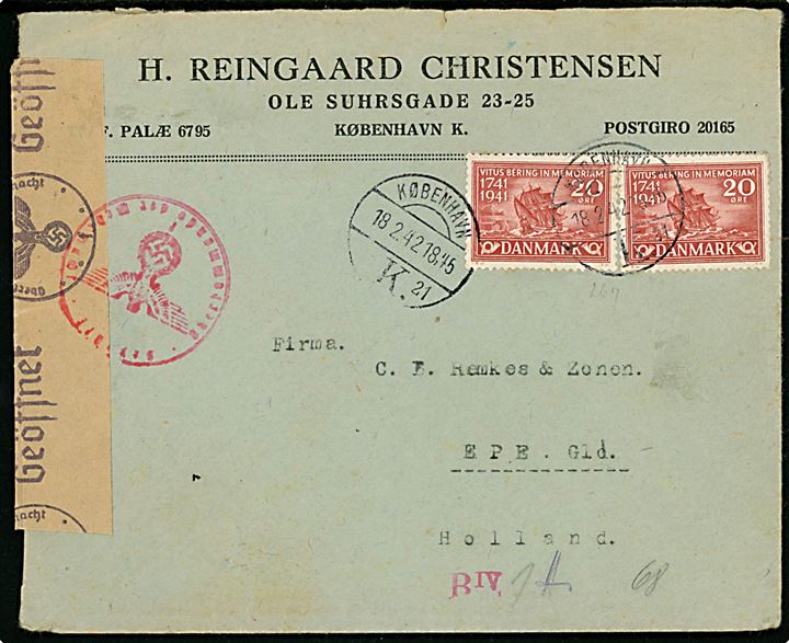 20 øre Vitus Bering (2) på brev fra København d. 18.2.1942 til Epe, Holland. Åbnet af tysk censur i Hamburg.