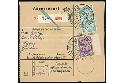15 øre 1000 års udg. og 25 øre Fr. IX i parstykke på adressekort for pakke fra Jelling d. 22.4.1954 til Ølholm.