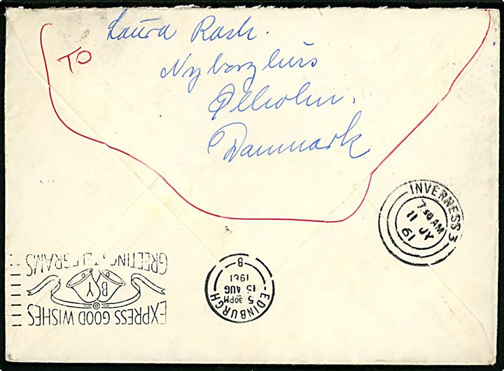 30 øre Finsen (2) på brev fra Ølholm d. 8.7.1961 til poste restante i Inverness, Scotland. Retur som ikke afhentet.