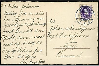 7 øre Chr. X 60 år single på brevkort annulleret med brotype Ic Marstal d. 2.2.1932 til Ommel.