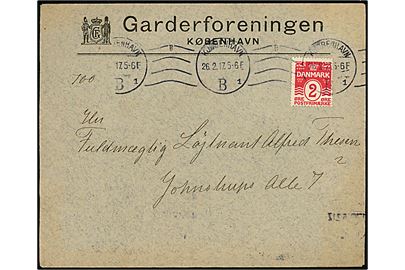 2 øre Bølgelinie single på illustreret kuvert fra Garderforeningen sendt som lokal tryksag i Kjøbenhavn d. 26.2.1917.