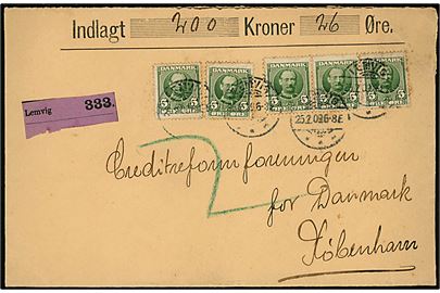 5 øre Fr. VIII (5) på 25 øre frankeret værdibrev med 200 kr. fra Lemvig d. 25.2.1909 til København. Ulovlig frankering, da frimærker på værdibrev skulle placeres med minimum et halvt mærkes mellemrum.