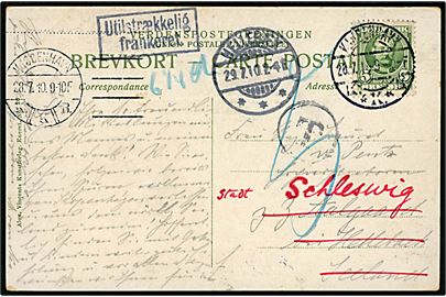 5 øre Fr. VIII på brevkort fra Kjøbenhavn d. 28.7.1910 til Aalgaard pr. Hellebæk - eftersendt til Schleswig, Tyskland og udtakseret i enkeltporto til udlandsporto med sort T-stempel og rammestempel Utilstrækkelig frankeret, samt påskrift 6 1/4 cts og tysk 5 pfg. porto.