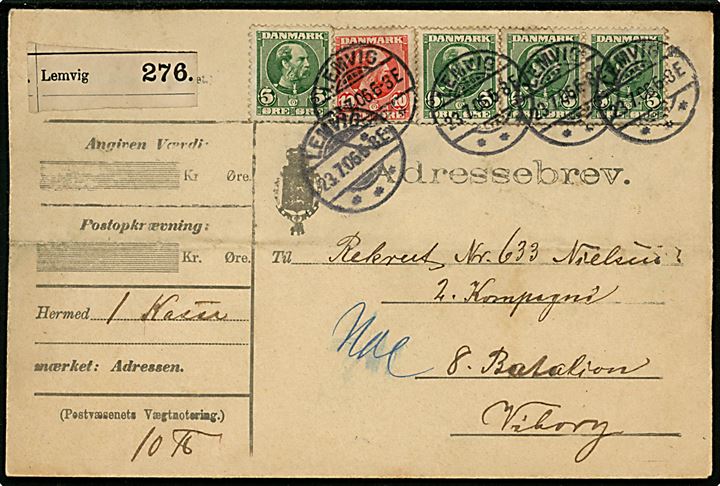 5 øre (4) og 10 øre Chr. IX på adressebrev for pakke fra Lemvig d. 23.7.1906 til rekrut ved 8. Batallion i Viborg.