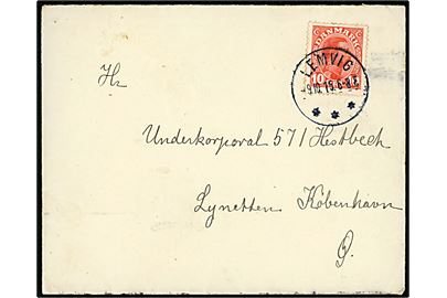 10 øre Chr. X på brev annulleret med brotype IIIb Lemvig *** d. 9.10.1915 til Underkorporal på søfortet Lynetten pr. København Ø.