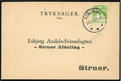 7 øre Bølgelinie på tryksagskort annulleret med brotype IIIb Fjaltring d. 27.2.1930 til Struer.